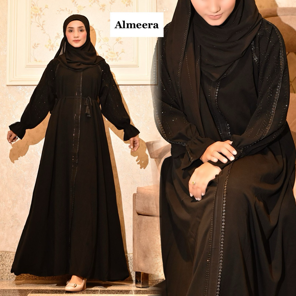 Abaya  Dress Arab Muslim Hitam Mewah Mix Ziper dan Renda India Dubai Almeera