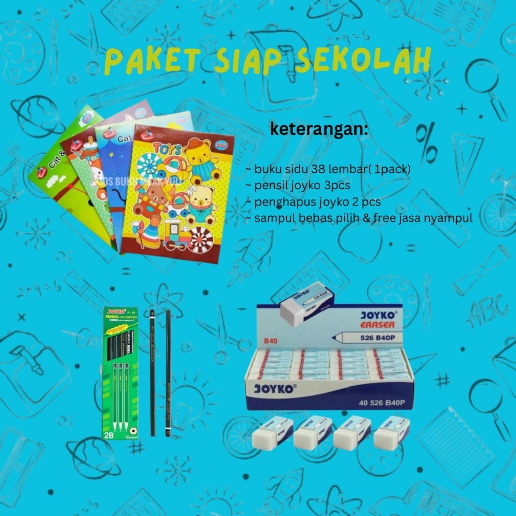 

paket siap sekolah( buku tulis, pensil, penghapus)