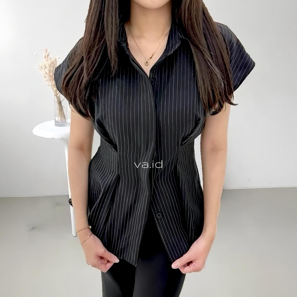 JANGAN LEWATKAN Alba Top / Atasan Wanita Lengan Pendek Pinstripe / Kemeja Wispie Womens Slim Fit