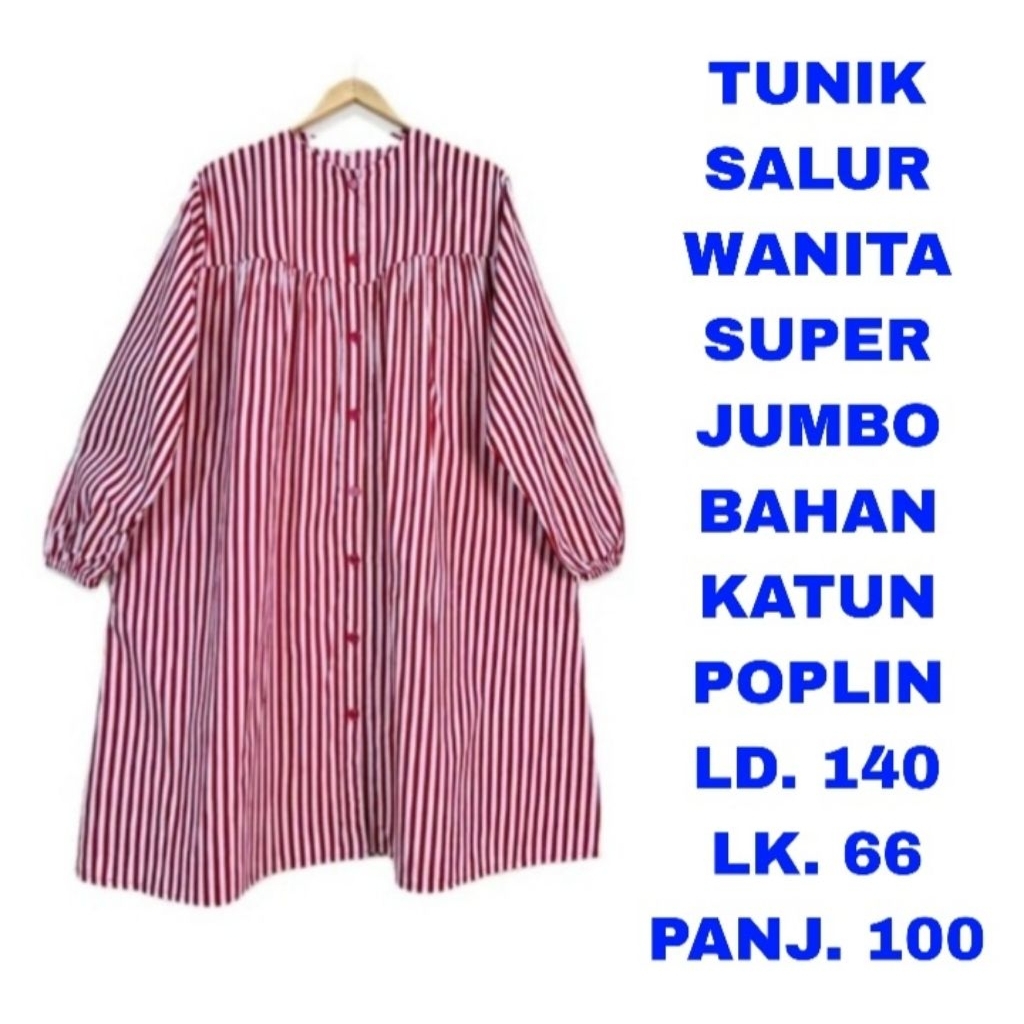 WK TUNIK SALUR WANITA SUPER JUMBO LD. 140 BAJU ATASAN BLOUSE MUSLIM LENGAN PANJANG GARIS GARIS MERAH