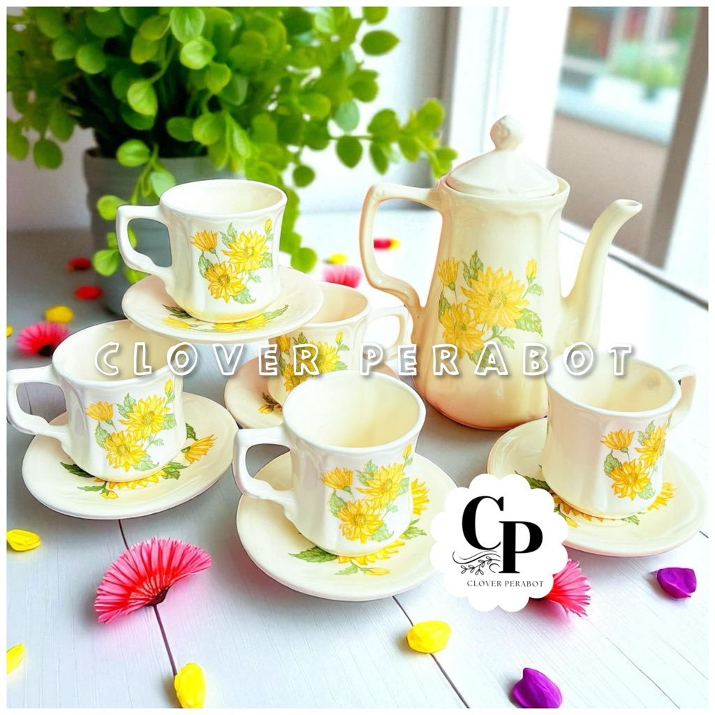 TEKO SET KERAMIK MOTIF BUNGA MATAHARI/ CANGKIR SET TEH KERAMIK SNI