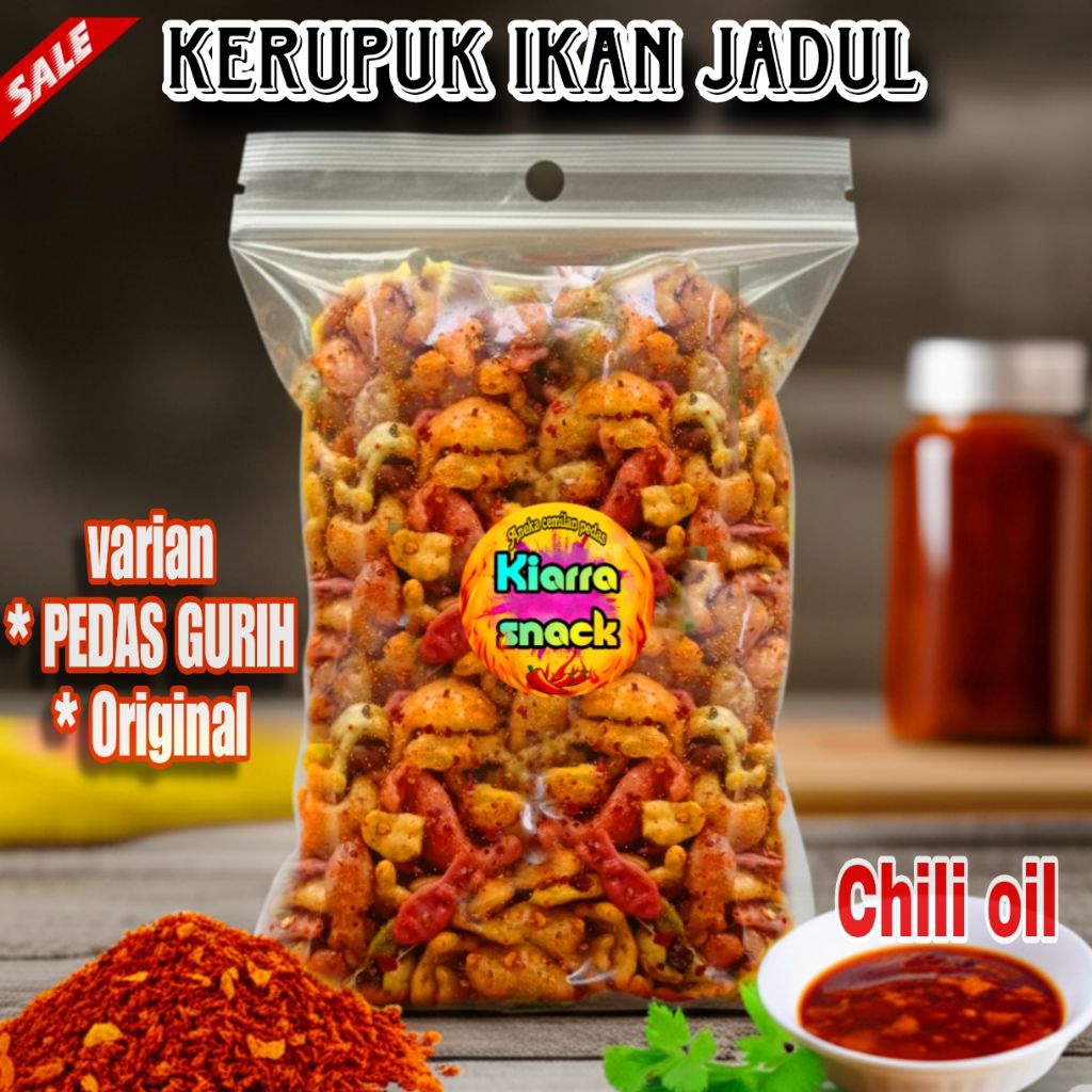 

KERUPUK SEBLAK IKAN JADUL PEDAS GURIH 200gram Camilan jadul