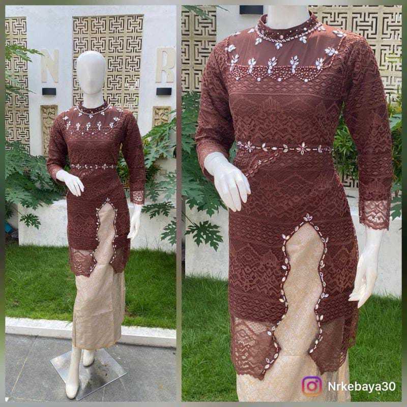 COD New Set Kebaya Payet Mewah Coklat Mahogany / Kebaya Belah Mewah Bahan Brukat Modern / Kebaya Eng