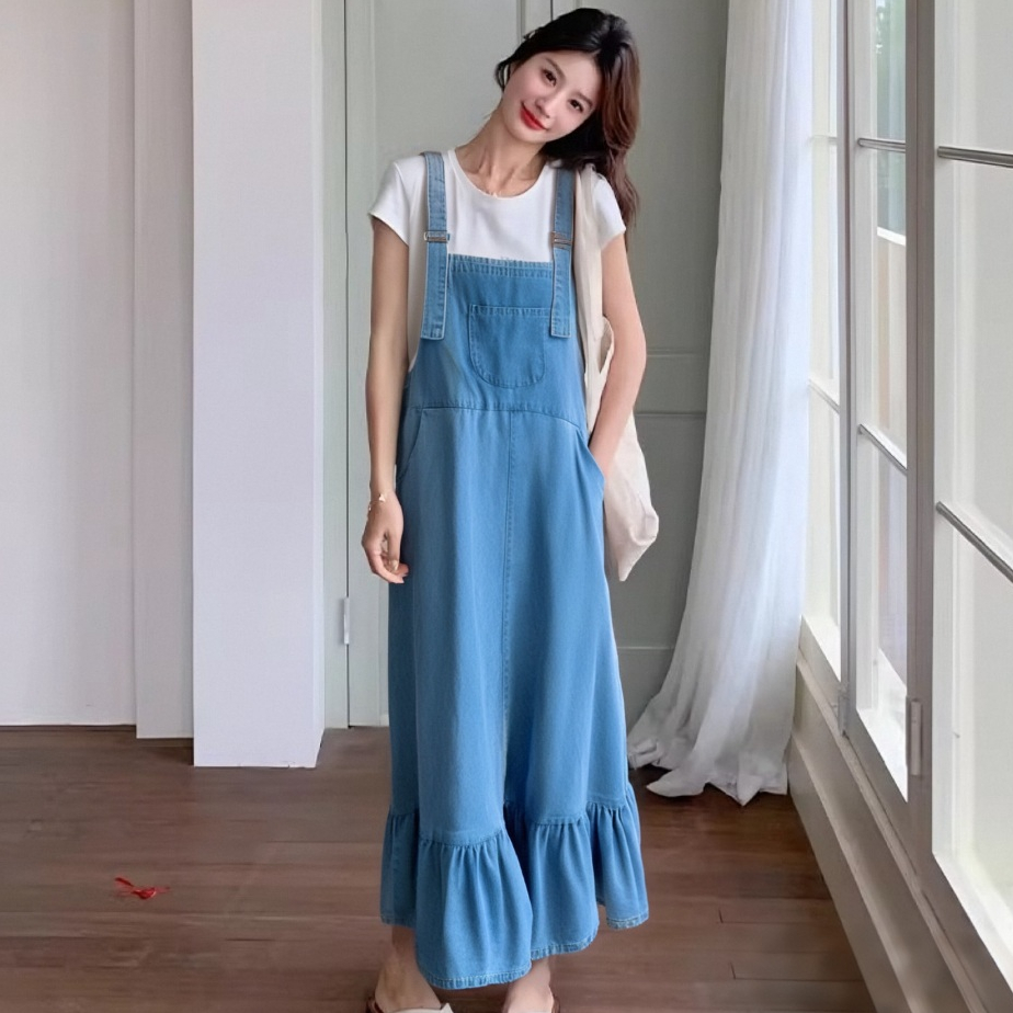 Rok Jeans Overall Wanita Panjang Jumbo Biru Korean Style Kekinian Oversize