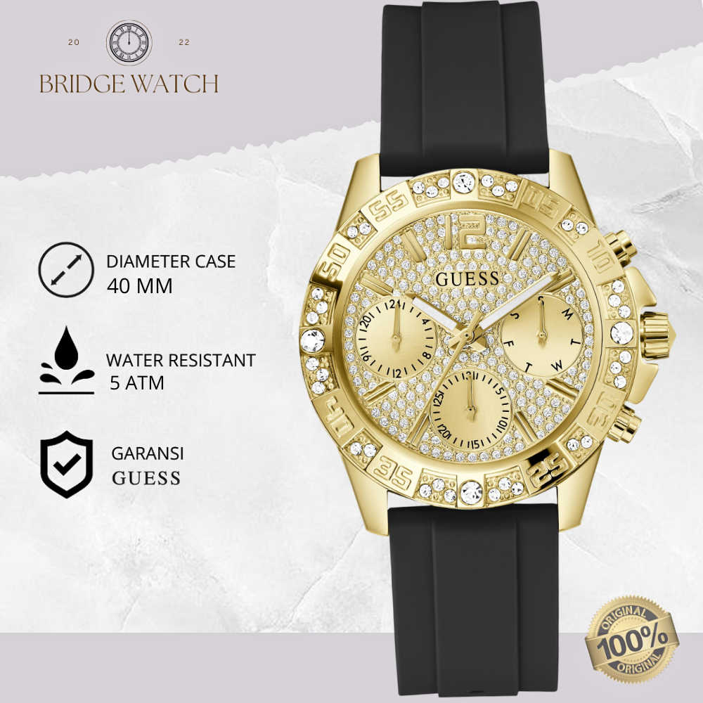 Jam Tangan Wanita Guess GW0772L5 Majesty Original Chronograph Gold Case Black Rubber Strap Hitam Dia