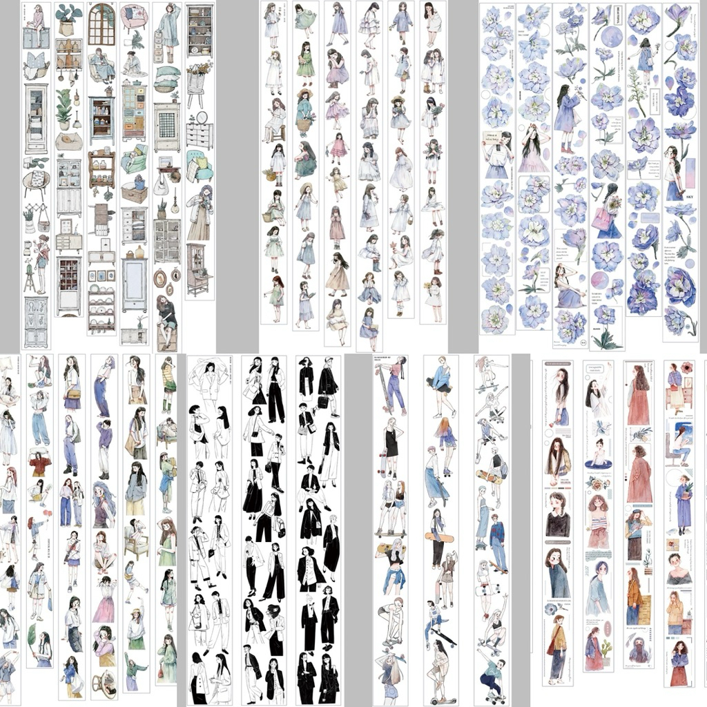 

Kaixun Washi & PET Tape - corner . blow . little girl . delphinium . nothing to do . black & white suit . skateboard girl