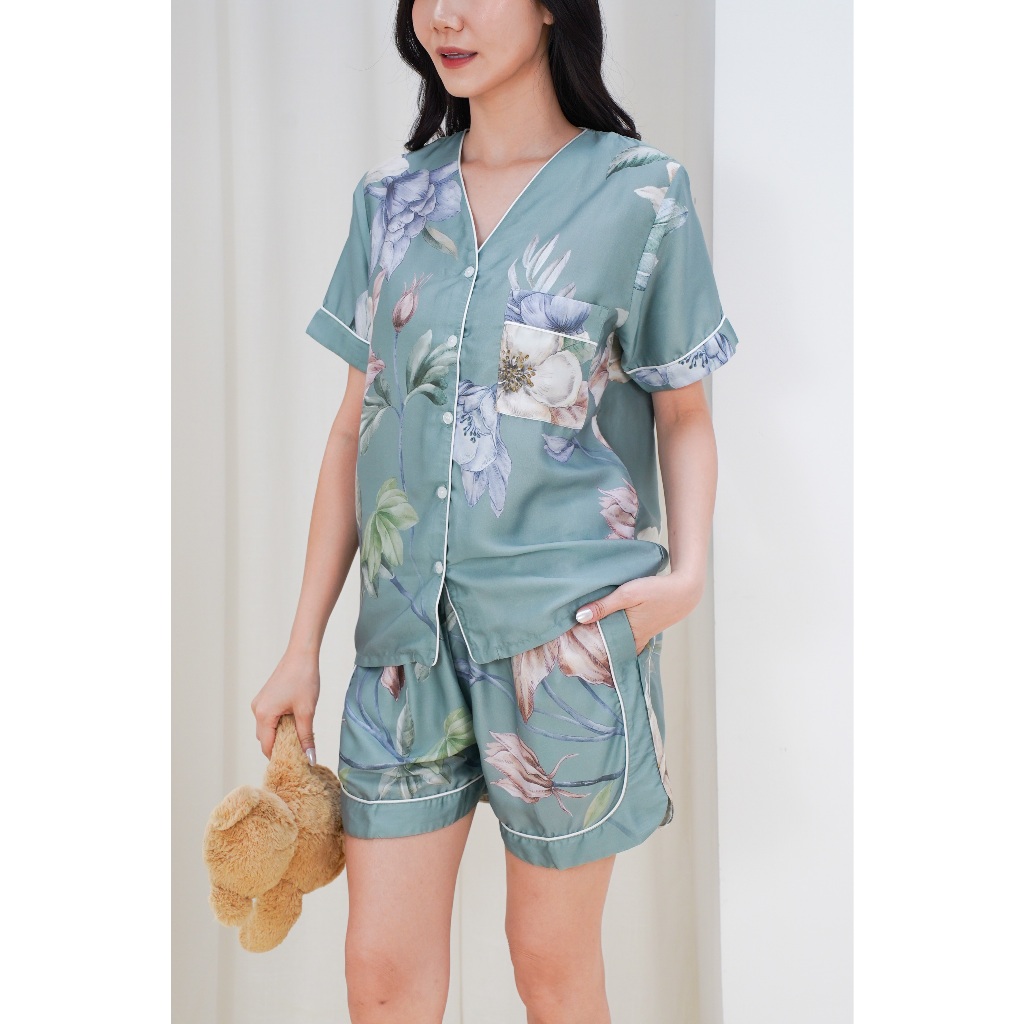 Surrell Sleepwear | Eliza (S-XL) ORGANIC SILK Tencel Non-Collar Pajamas Set Piyama