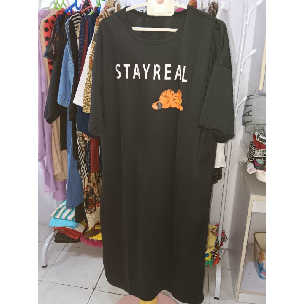 Preloved Dress Kaos Hitam Hijau Abu Gambar Kucing Oren Big Size Kain Tebal