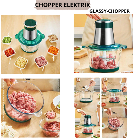Chopper Blender Daging Penggiling Daging Bumbu Dapur Wadah Kaca Gelas Chopper Elektrik 4 Mata Pisau