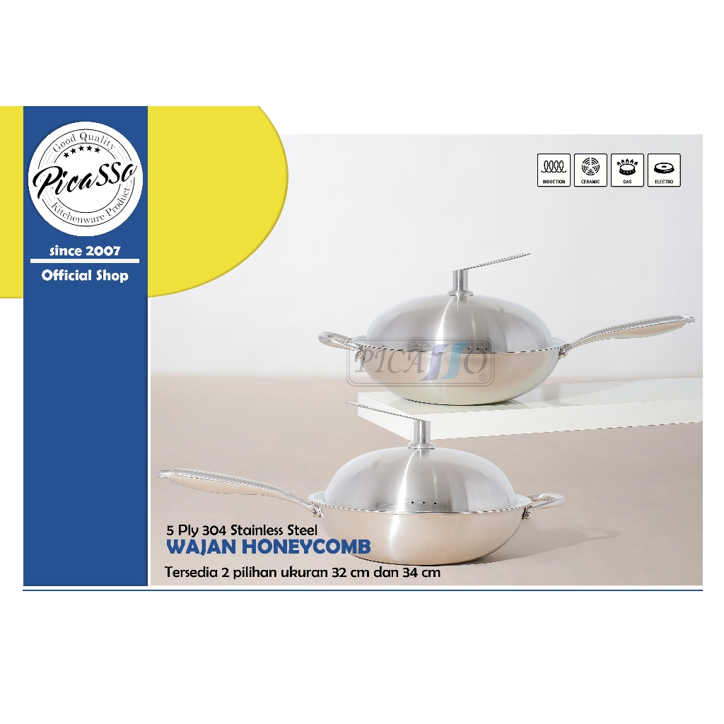 Wok Pan Picasso Honeycomb Coating stainless 304 with Stainless Steel Lid