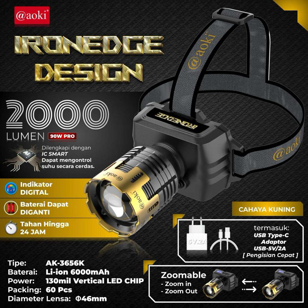 senter kepala aoki 80W led 1300 lumens dual baterai 2x3000mah