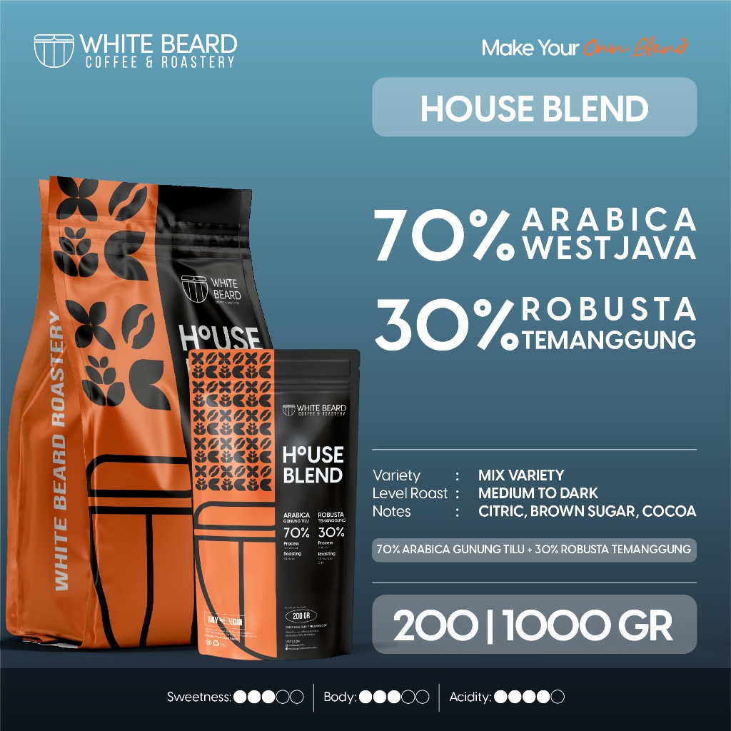 

Whitebeard - Houseblend 70% Arabika 30% Robusta Biji Kopi Bubuk Espresso Base 200 gr 1 kg