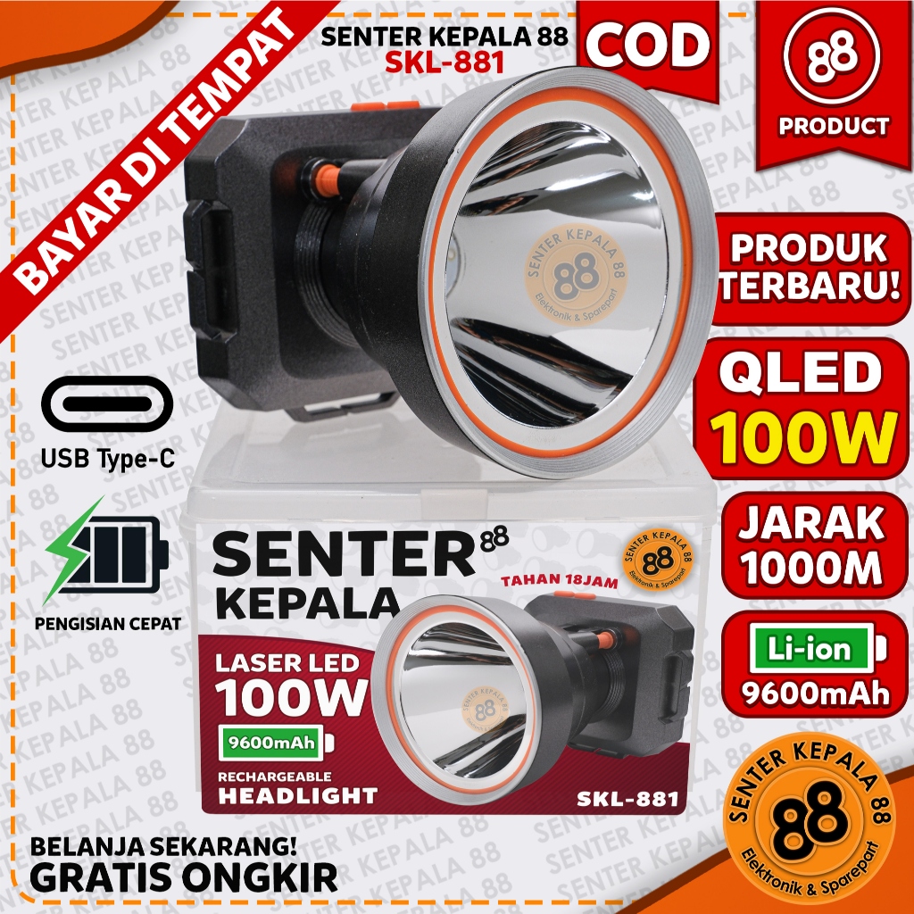 Senter Kepala 88 Terbaru SKL 881 SKL881 LED 100W 100 tt 9600mAh Jarak 1meter Lebih dari 50W 50 tt