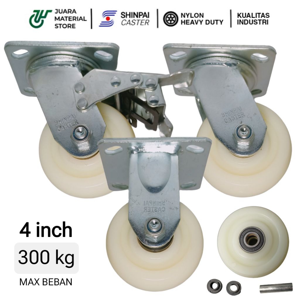 Roda Troli 4 inch 100mm Nylon High Strength Double Ball Bearing Plate 300kg Trolley Heavy Duty Caste