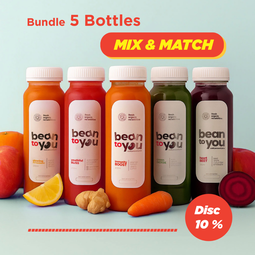 

COLD PRESSED JUICE | Bundle 5 Botol Bean to You – Mix & Match – Diskon 10 %
