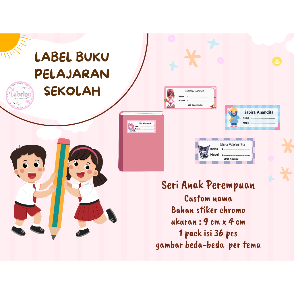 

36 pcs Stiker label buku Mapel sekolah custom nama motif cewek -part 3