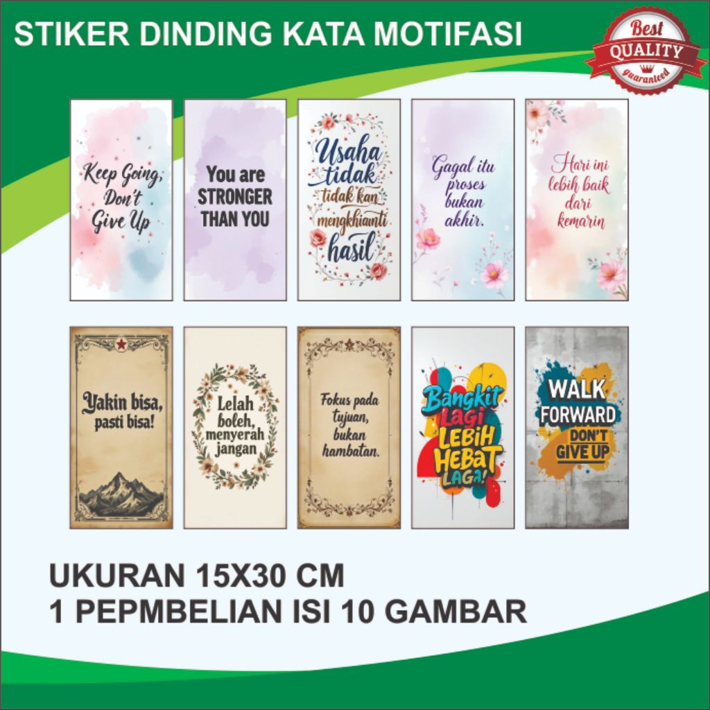 Stiker Dinding Kata Motivasi 15x30 cm Isi 10 | Hiasan Dinding Kamar Aesthetic | Wall Decor Ruang Bel