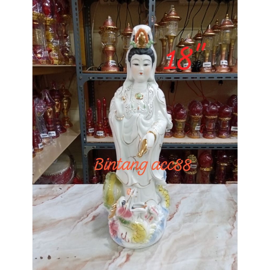 patung dewi kwan im/ kwan in / guan yin - keramik - naga - berdiri - 18inch