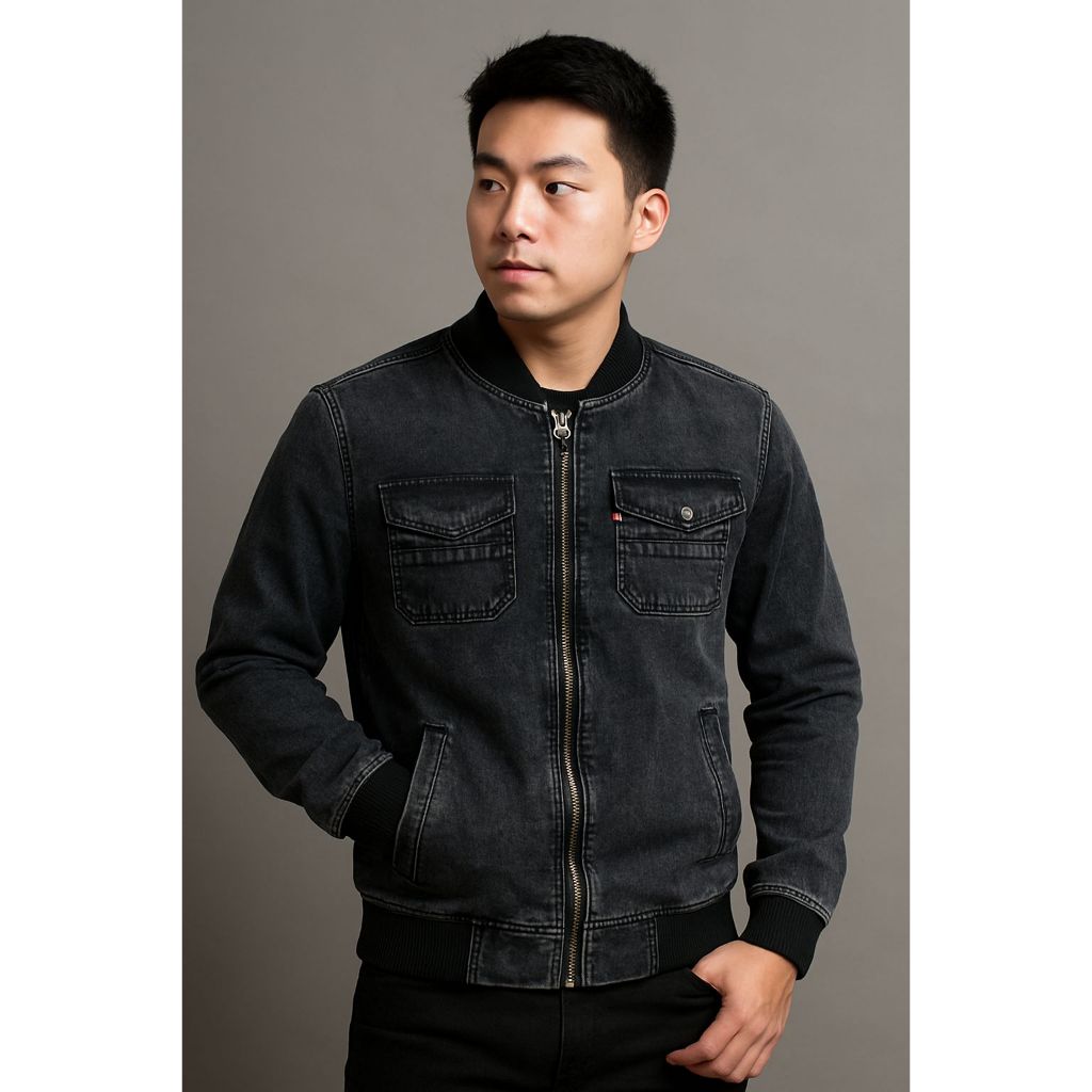 Jaket boomber jeans denim pria krah boomber resleting hitam lengan panjang casual distro