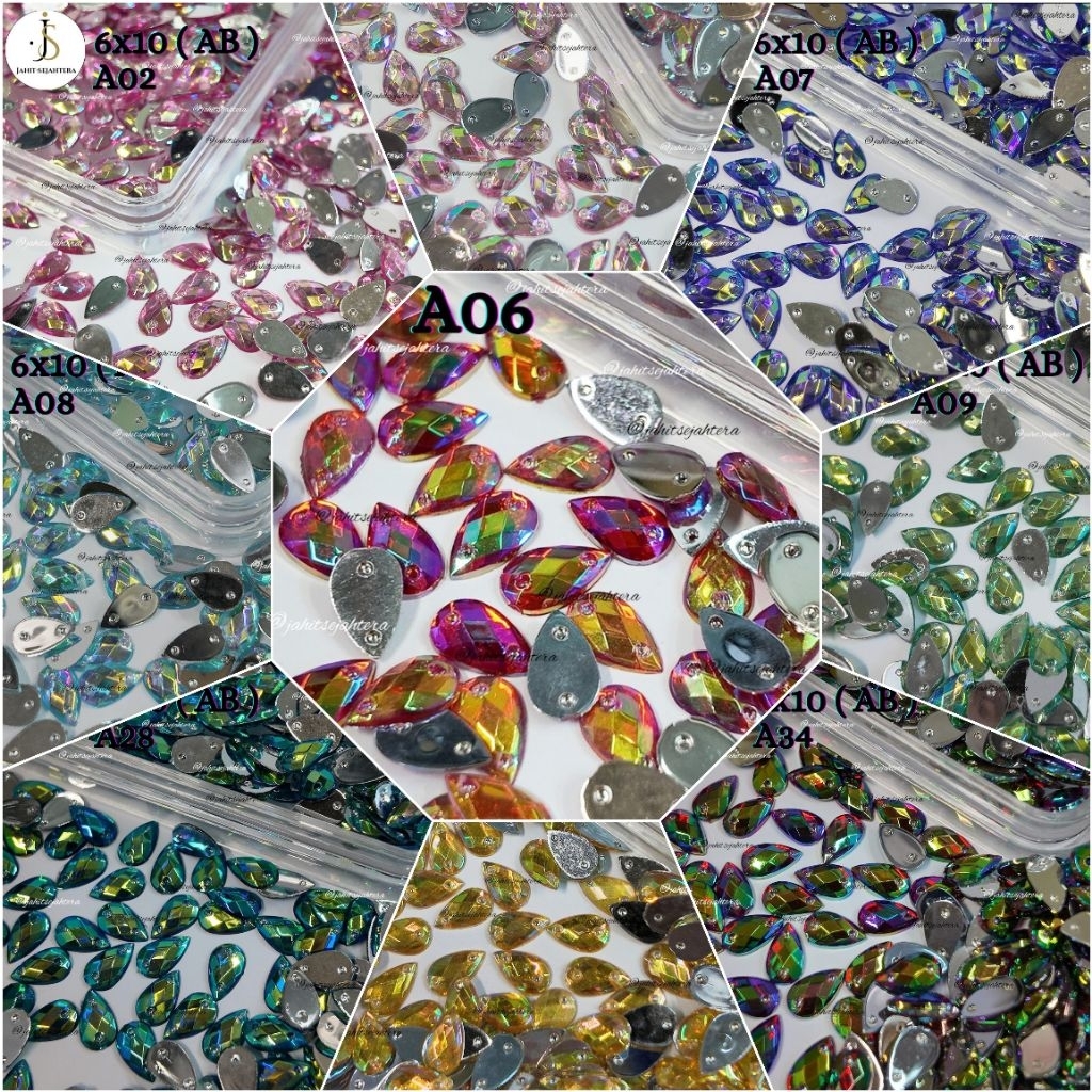 Batu Payet Kristal Acrylic Jahit 6x10 PELANGI (AB) [ 100 PCS ]