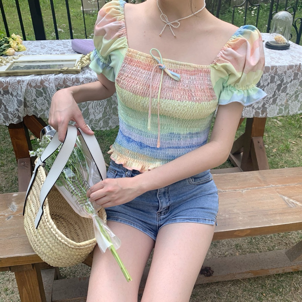 BlouseCropRainbowPastel-AtasanCewekModelKoreaMotifPelangi