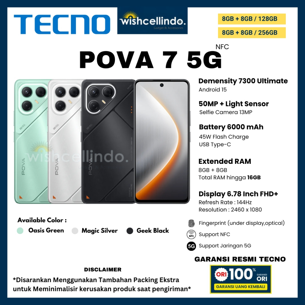TECNO POVA 7 5G 8/256GB,POVA 7 5G 8/128GB,POVA 7 8/256GB, dan POVA 7 8/256GB (GARANSI RESMI TECNO)
