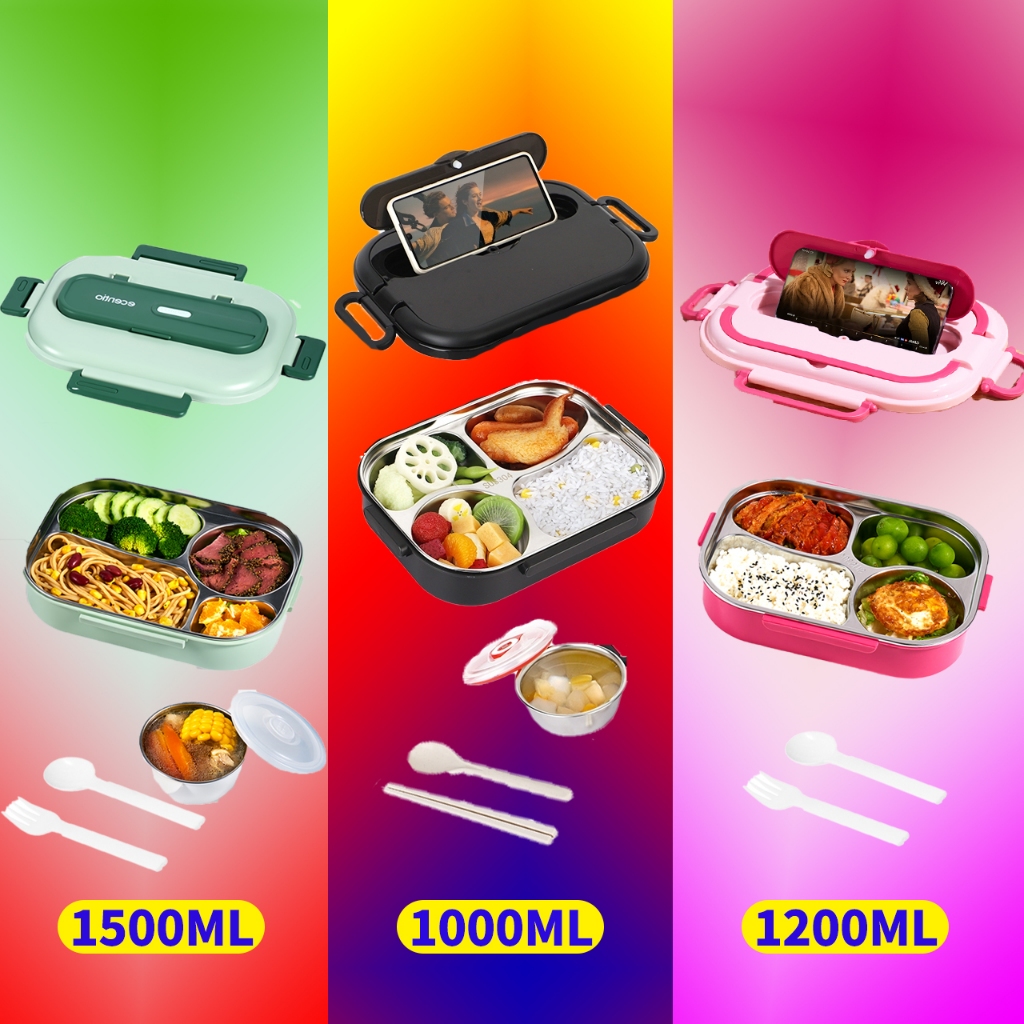 [READYYY] ecentio lunch box stainless 4 Grid besar Portabel kotak bekal anti tumpah Tahan Panas