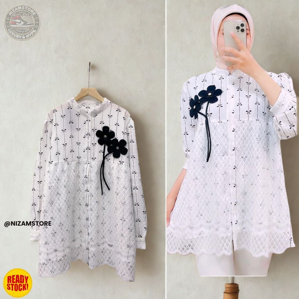 Tunik Brokat Kombinasi Katun Bordir Bunga Elegan Modis Kekinian - Atasan Muslim Wanita Lengan Panjan