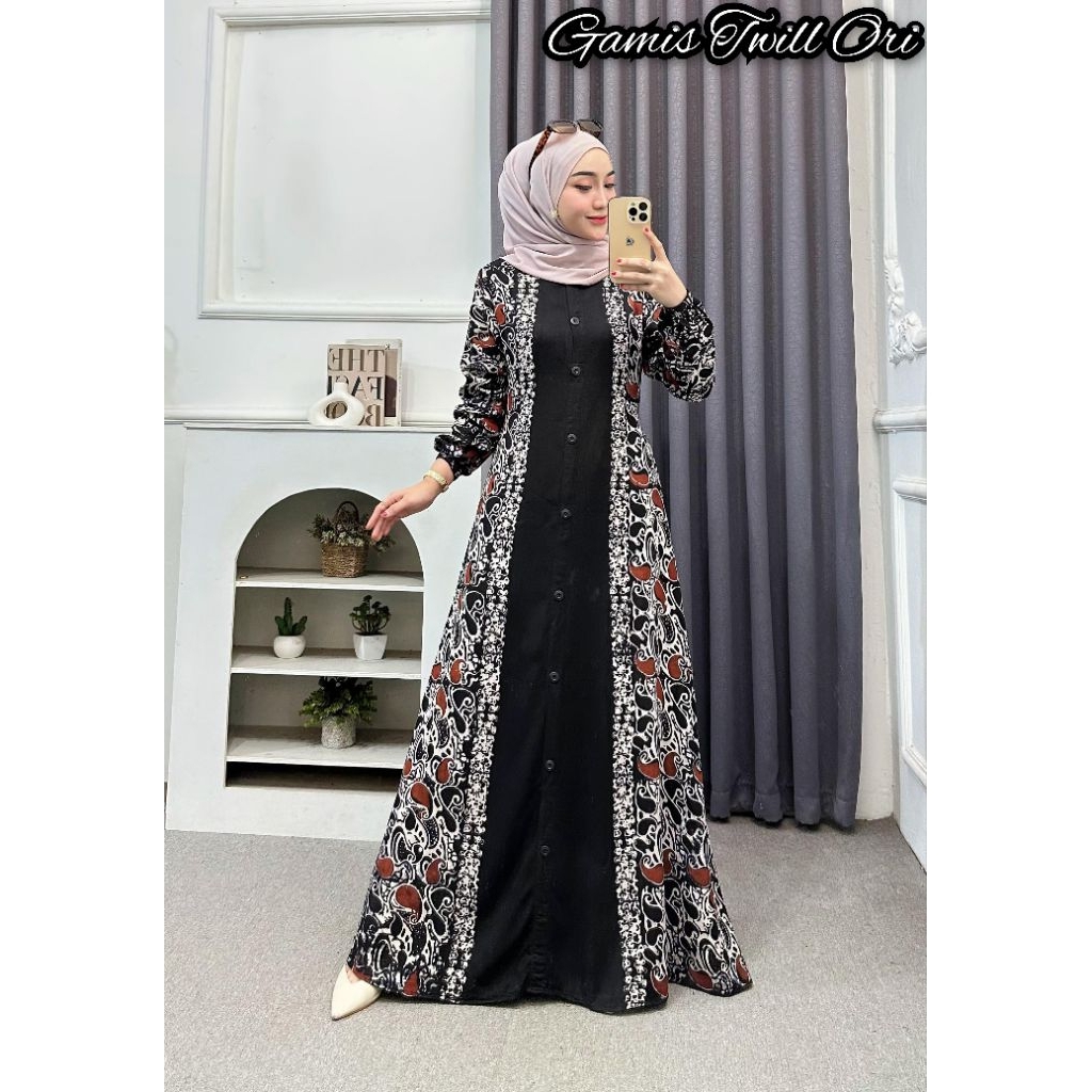 Gamis Twill Ori Terbaru Motif Batangan Kancing Depan Busui