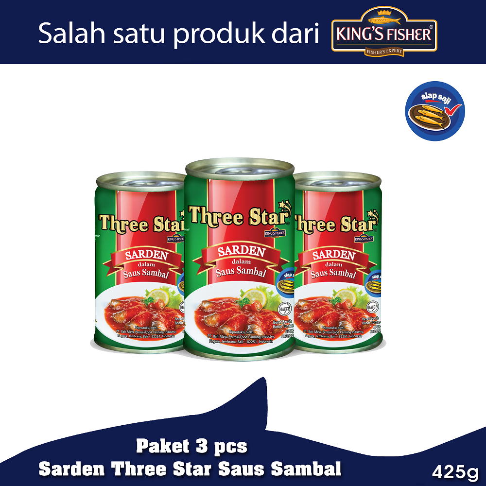 

Paket 3 pcs Three Star Sarden mini saus sambal Makanan Kaleng 425g Gratis Star Tomat 155 Gram