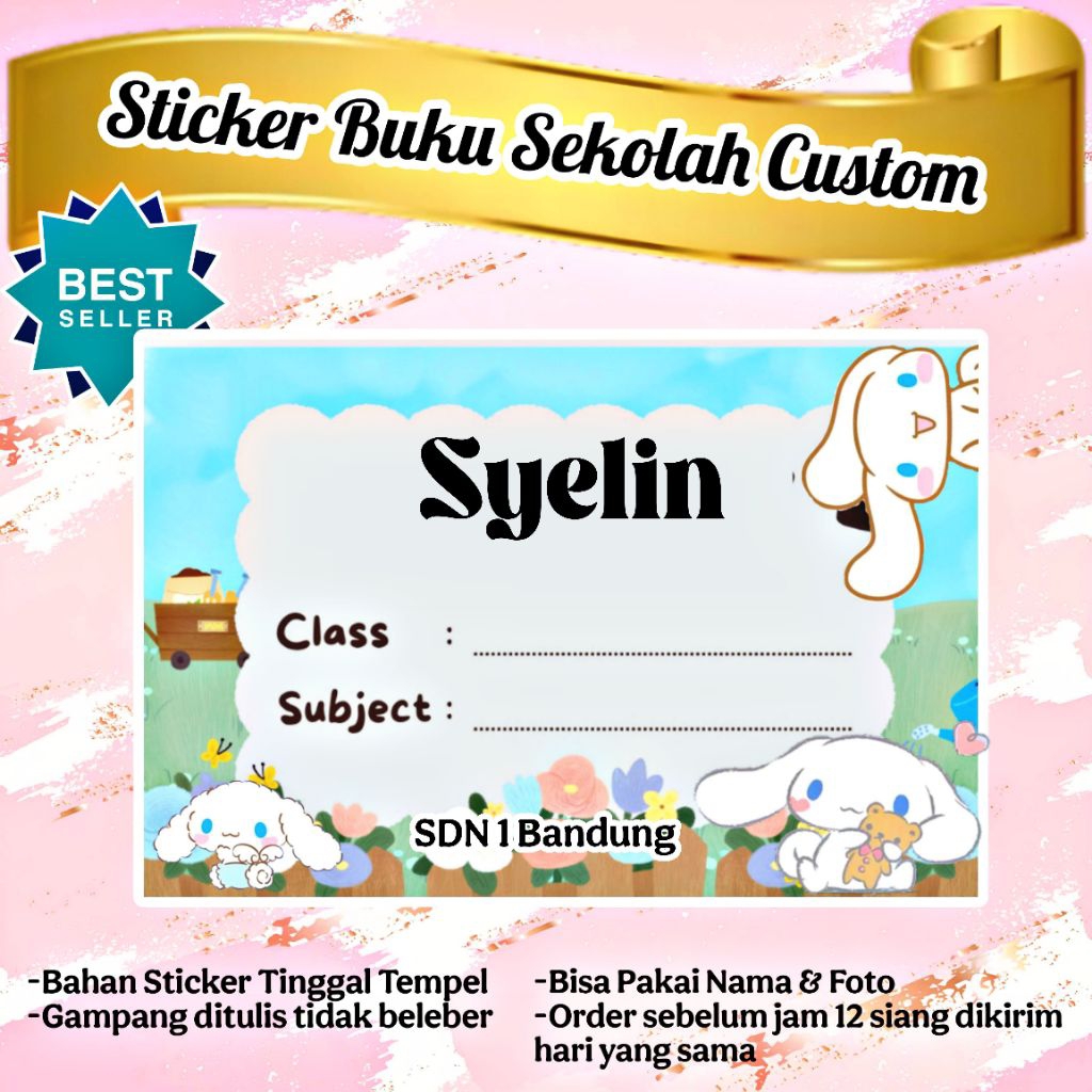 

(ISI 50 PCS) SUDAH ADA LEM STICKER LABEL BUKU SEKOLAH CUSTOM NAMA & FOTO MOTIF CINNAMOROLL