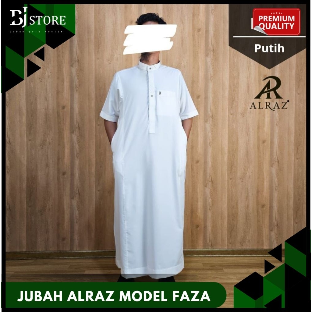 Jubah Alraz Putih Lengan Pendek Katun Premium/Gamis Alraz Model FAZA/Jubah Alraz