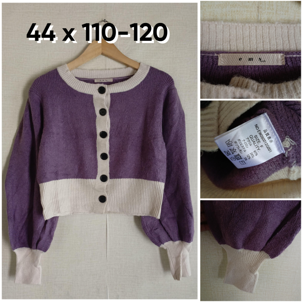 Cardigan Crop Tebal EMS Excite Ungu O Neck Size L Wanita Bahan Empuk Lengan Bal0n ZX849