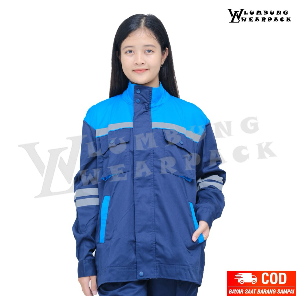 ATASAN WEARPACK SAFETY MODEL JAKET WARNA BIRU DONGKER KOMBINASI BIRU TOSCA