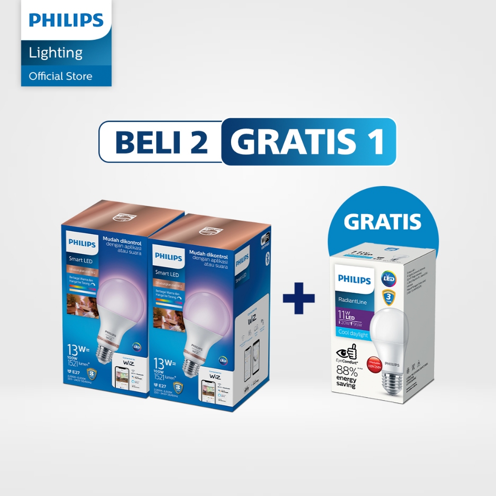 Beli 2 Philips Lampu Smart Wifi LED 13W TW & Color Gratis Lampu Philips RadiantLine LEDBulb 11W 6500