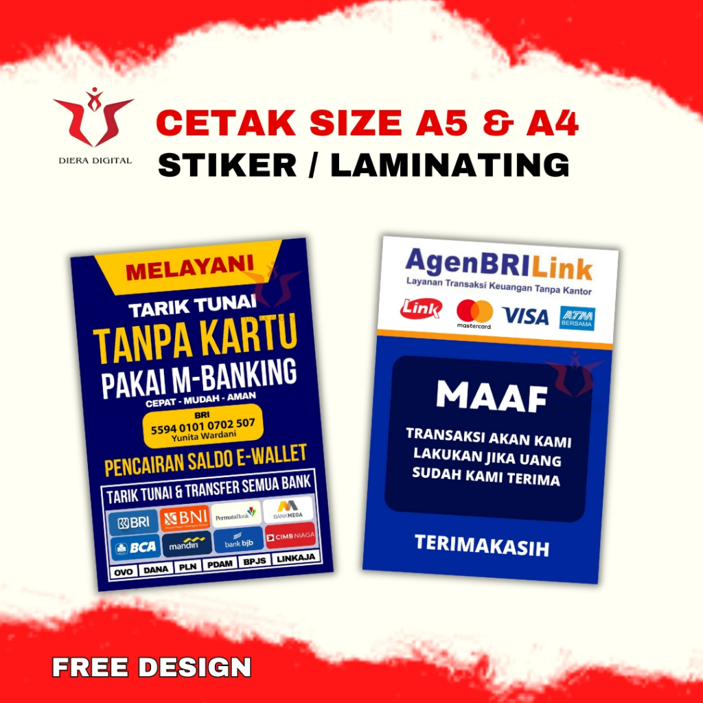 

CETAK STIKER/LAMINATING AGEN BRI LINK Ukuran A5 & A4 (Pelengkap Agen Bri Link)