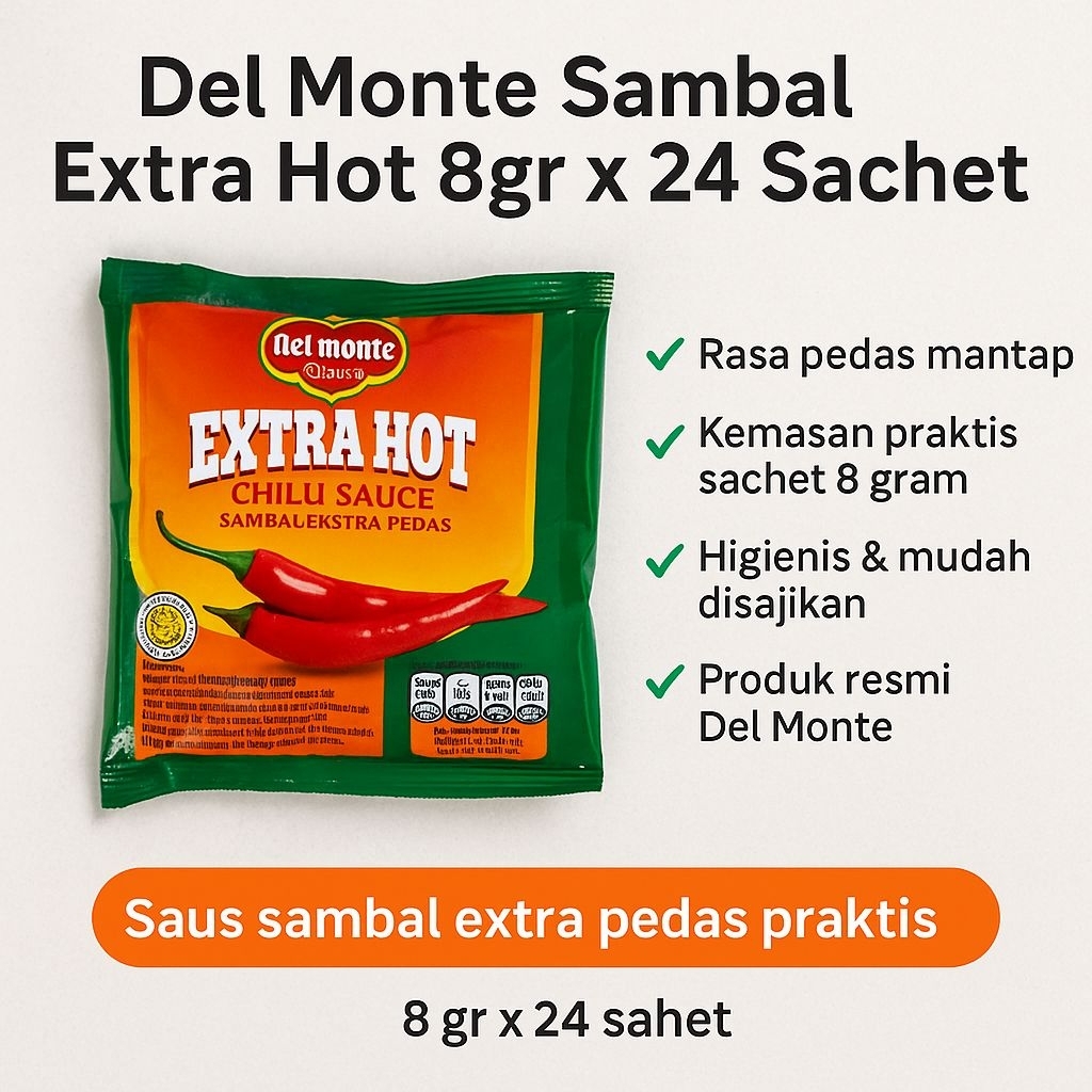 

Del Monte Sambal Extra Hot 8gr x 24 Sachet | Saus Sambal Extra Pedas Praktis