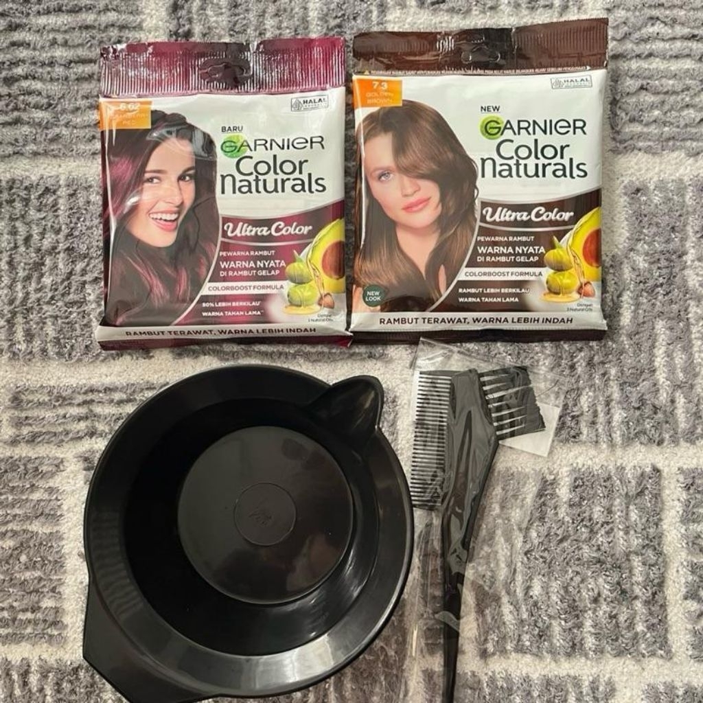 Paket Pewarna Rambut Garnier - Cranberry Red + Golden Brown, Mangkok Cat & Sisir Cat
