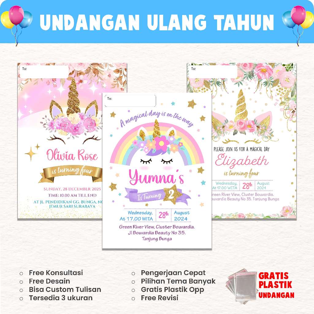 Undangan Ulang Tahun UNICORN CETAK - Undangan Ulang Tahun Anak - Free Plastik