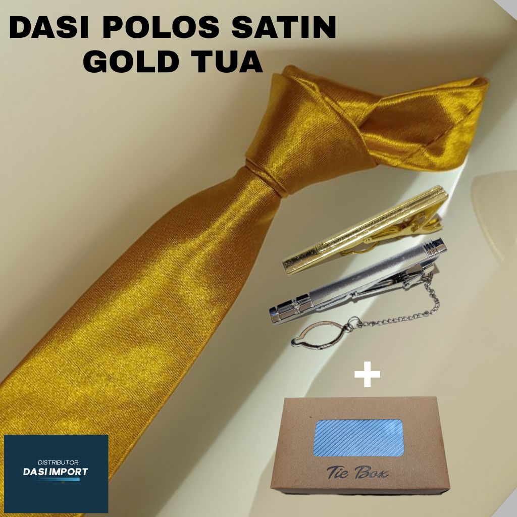 Paket Dasi Panjang Pria Dasi Polos Satin Gold Tua Ukuran Medium 3 Inch