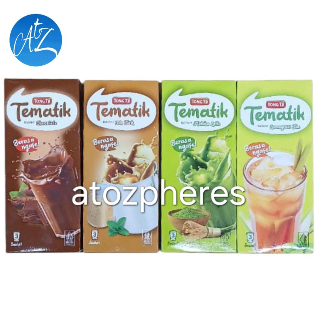 

Minuman serbuk Cokelat Coklat Teh Tarik Hijau Macha Serai halal MUI TONG TJI Tematik INSTANT Chocolate Lemongrass Milk Tea Matcha Latte isi 3 sachet.