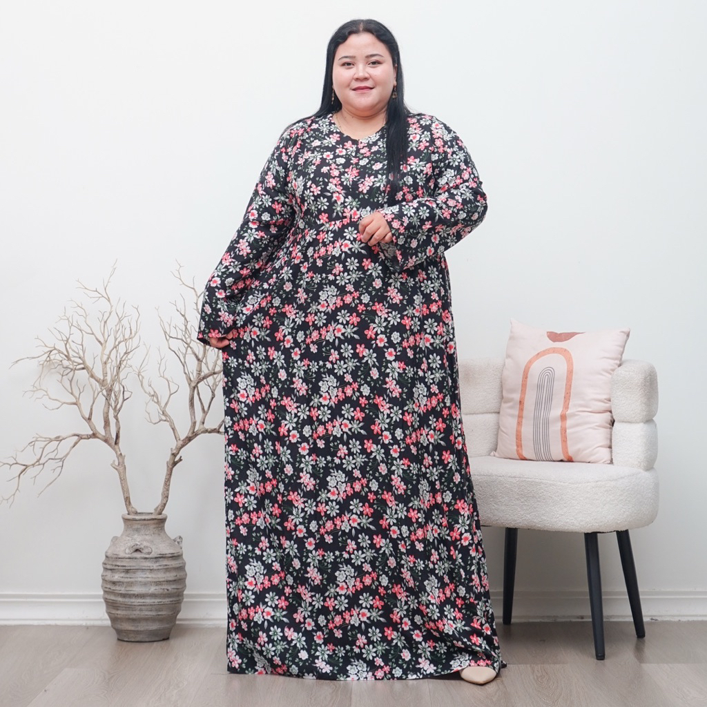 GAMIS JUMBO BAHAN RAYON MOTIF BUNGA MIDI DRESS RAYON BUNGA LD 130 LENGAN PANJANG DRESS RAYON JUMBO