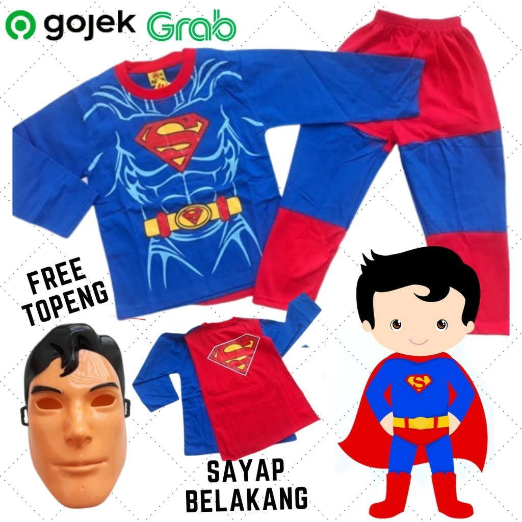 KOSTUM BAJU ANAK SUPERMAN GRATIS TOPENG / BAJU ANAK SUPERMAN SAYAP