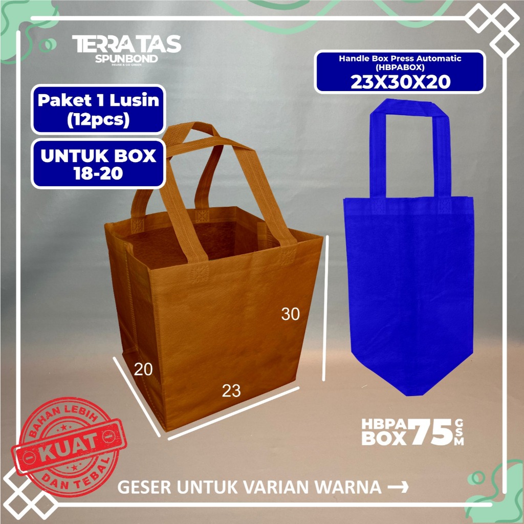 

Paket 1 Lusin HBPA BOX 75 GSM 23x30x20 Box 18-20 kotak nasi Goodie Bag Tas Belanja Spunbond