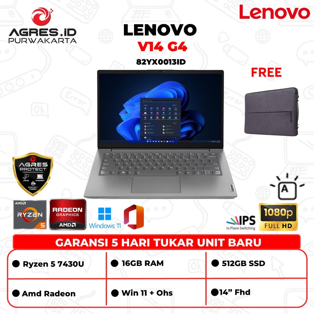 Lenovo V14 G4 Ryzen 5 7430 Ram 16GB Ssd 512GB Win 11+Ohs 14" Fhd