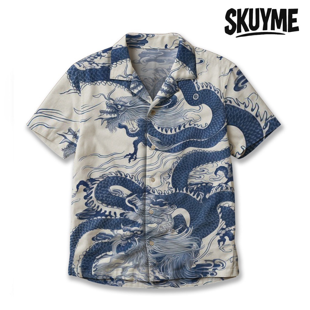 SKUYME Kemeja Hawaiian Pria Wanita Motif Naga Oriental Biru Putih | SK0075