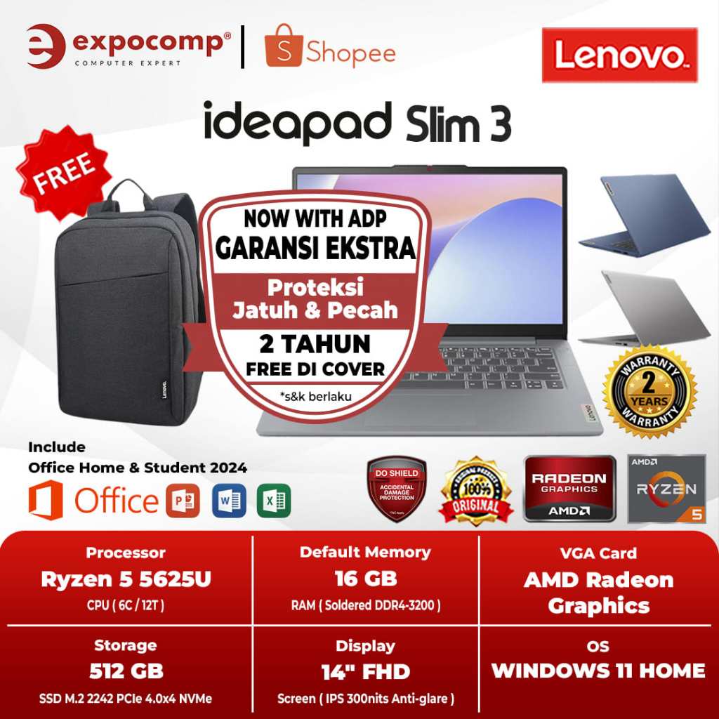 LENOVO IDEAPAD SLIM 3 14ABR8 8YID 90ID 9YID 1AID AMD RYZEN 5-5625U 16GB 512GB WIN 11 HOME + OFFICE H