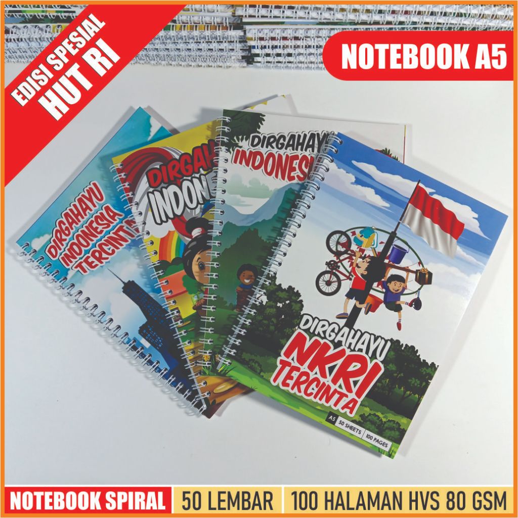 

NOTEBOOK SPIRAL A5/BUKU TULIS/Souvenir/Hadiah HUT RI/Varian Jilid Samping