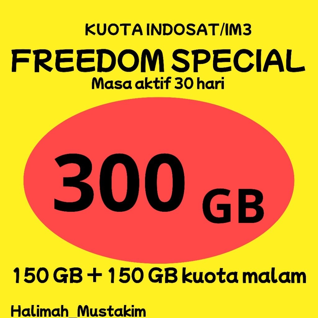 Paket Internet Indosat im3 murah 300 GB ( 150 GB Nasional + 150 GB kuota malam ) untuk 30 hari | Kuo