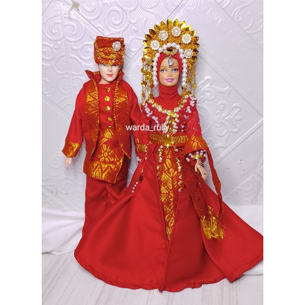 (Pree Order)baju boneka barbie pengantin minang warna merah couple barbie dan ken